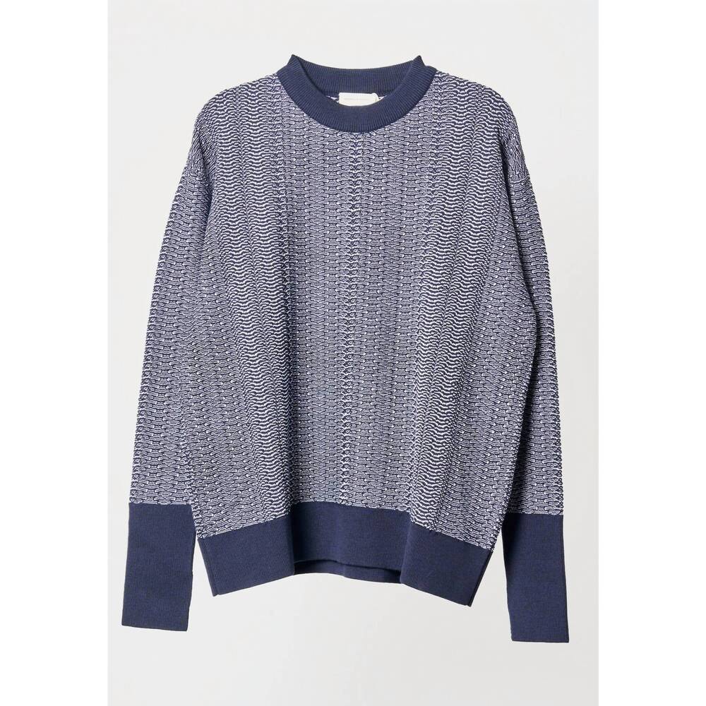 NEW NICHOLAS DALEY men's wave knitted crew neck top in navy/ecru